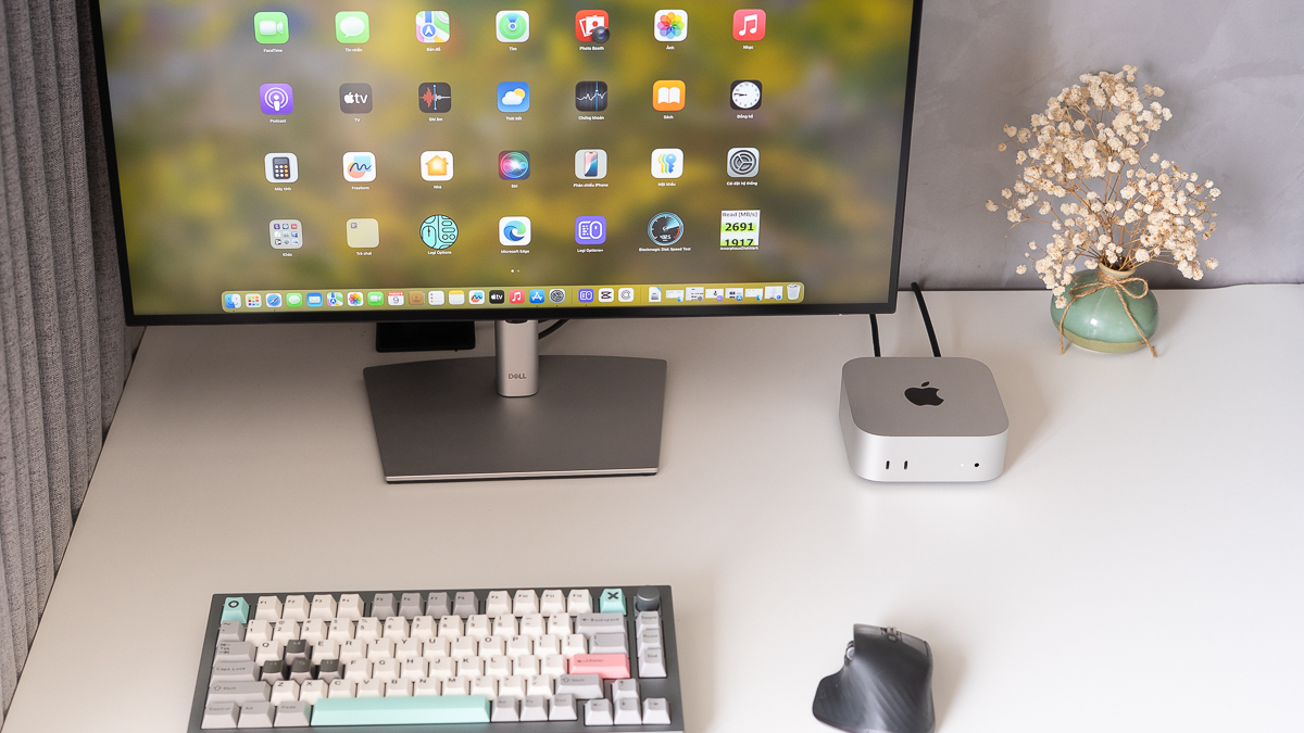 Freelancer sáng tạo làm việc tại nhà với Mac mini M4